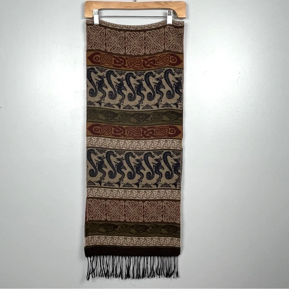Pure New Wool Celtic sea creatures fringed scarf, brown tones, made in the UK.